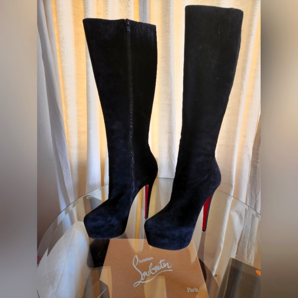 ⭐️Christian Louboutin Fifi Botta 100 Veau Velours black suede knee high boots 38